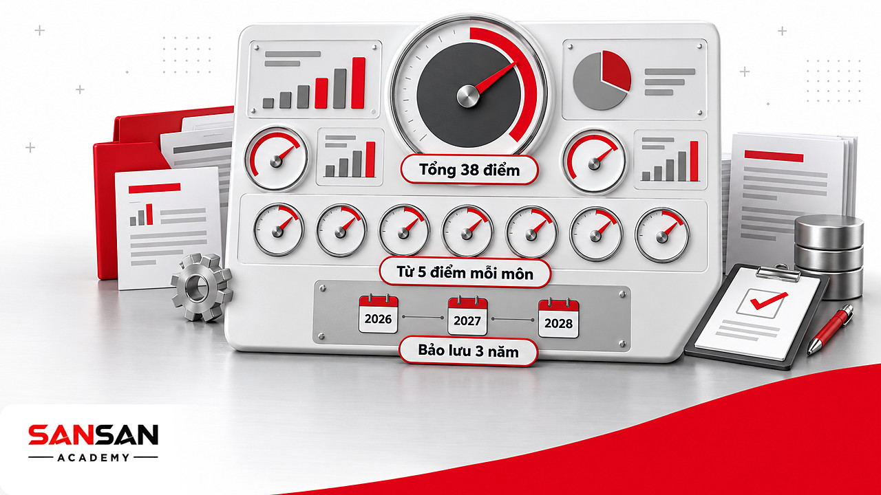 Bảng đồng hồ đo bảy môn từ 5 điểm và tổng sáu môn 38 điểm, điều kiện đạt kỳ thi CPA