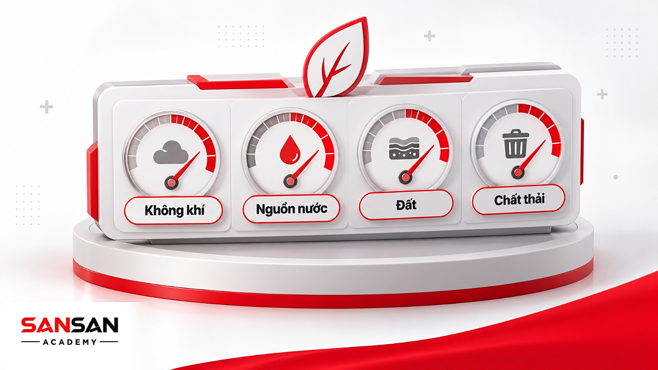 Bảng đồng hồ đo bốn chỉ số không khí, nguồn nước, đất và chất thải để đánh giá môi trường xanh