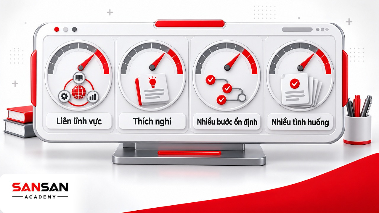 Bảng đồng hồ đo bốn tiêu chí đánh giá AGI: liên lĩnh vực, thích nghi, nhiều bước ổn định và nhiều tình huống