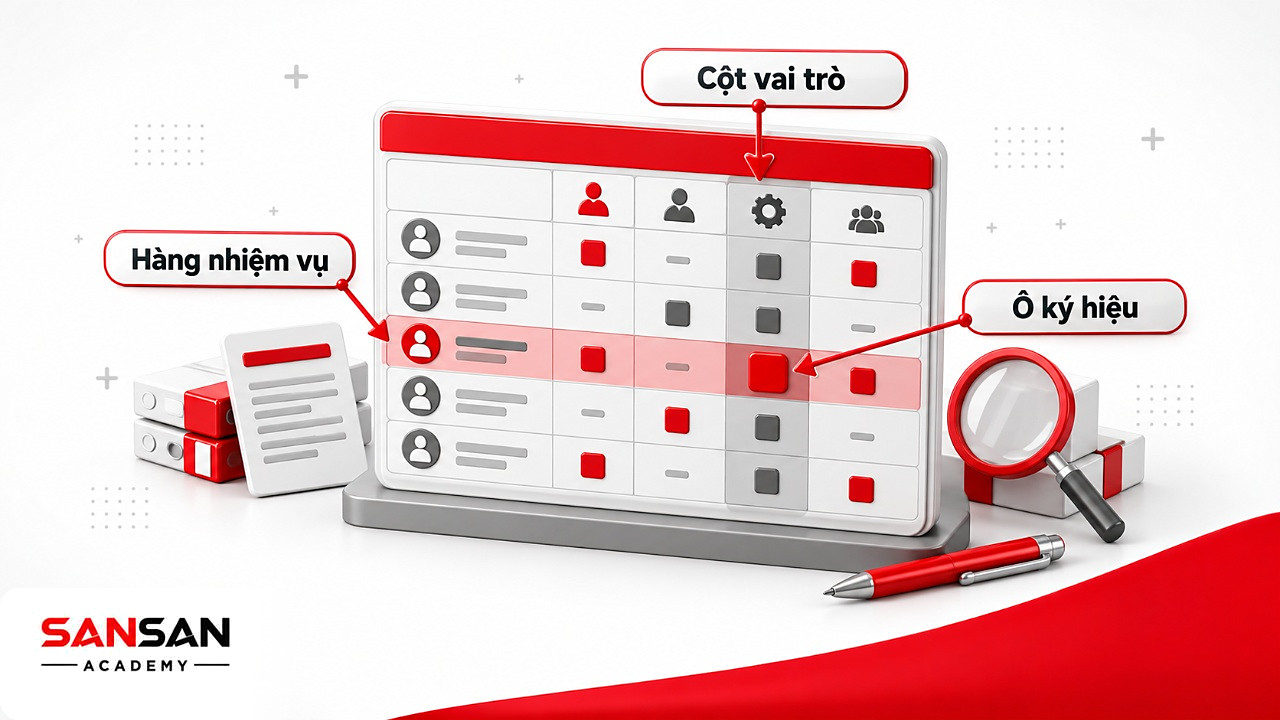 Bảng RACI đọc theo hàng nhiệm vụ, cột vai trò và ô ký hiệu ở chỗ giao nhau