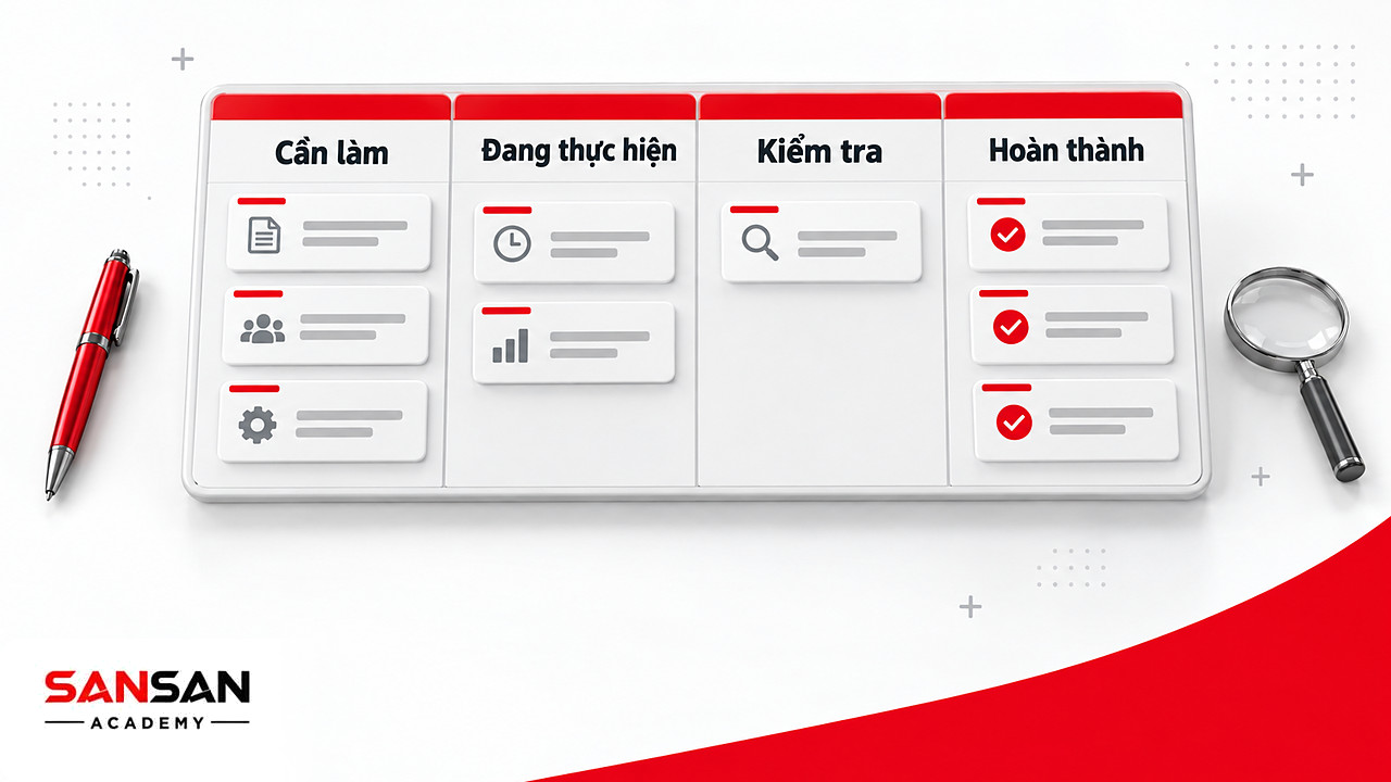 Bảng Kanban bốn cột Cần làm, Đang thực hiện, Kiểm tra và Hoàn thành với các thẻ công việc