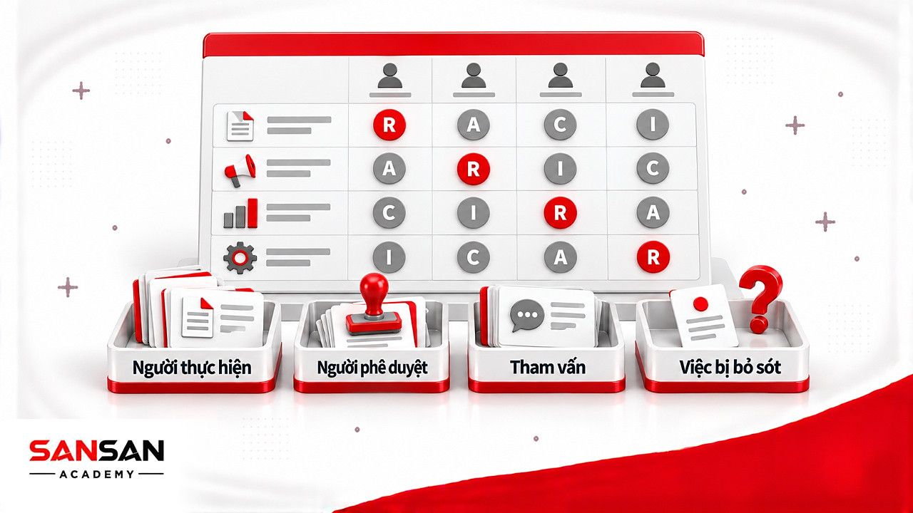 Bảng RACI phân vai người thực hiện, phê duyệt, tham vấn cho từng đầu việc của phòng Marketing