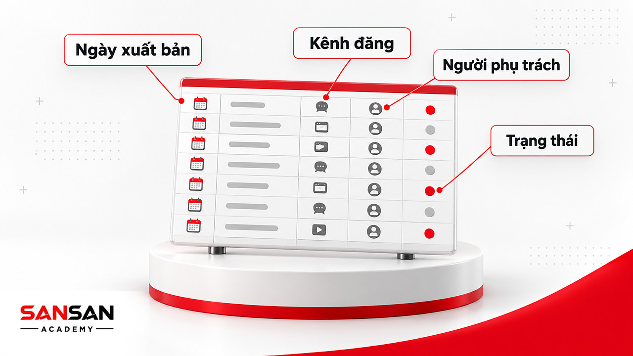 Bảng tính lớn có cột ngày xuất bản, chủ đề, kênh, người phụ trách và trạng thái của Content Calendar