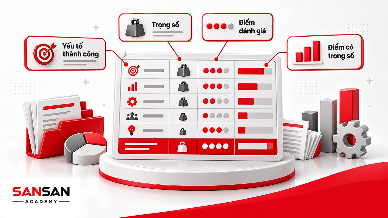 Bảng ma trận CPM với bốn cột yếu tố thành công, trọng số, điểm đánh giá và điểm có trọng số