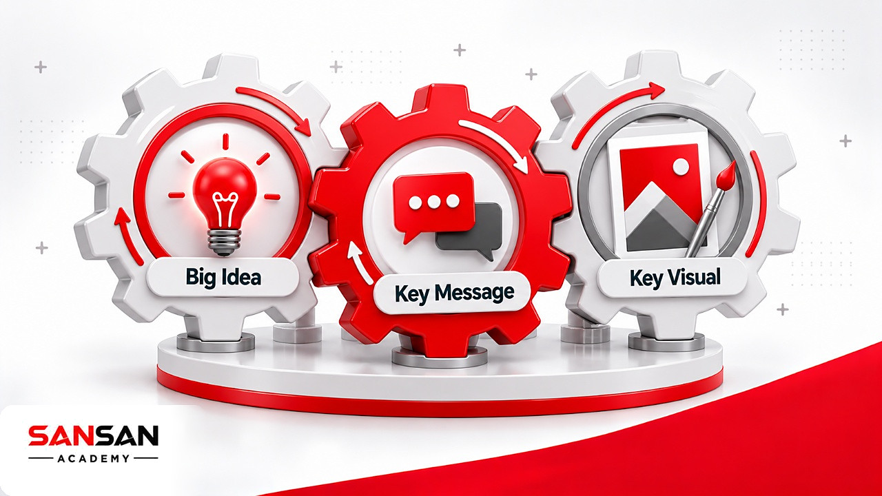 Ba bánh răng Big Idea, Key Message và Key Visual ăn khớp cùng quay