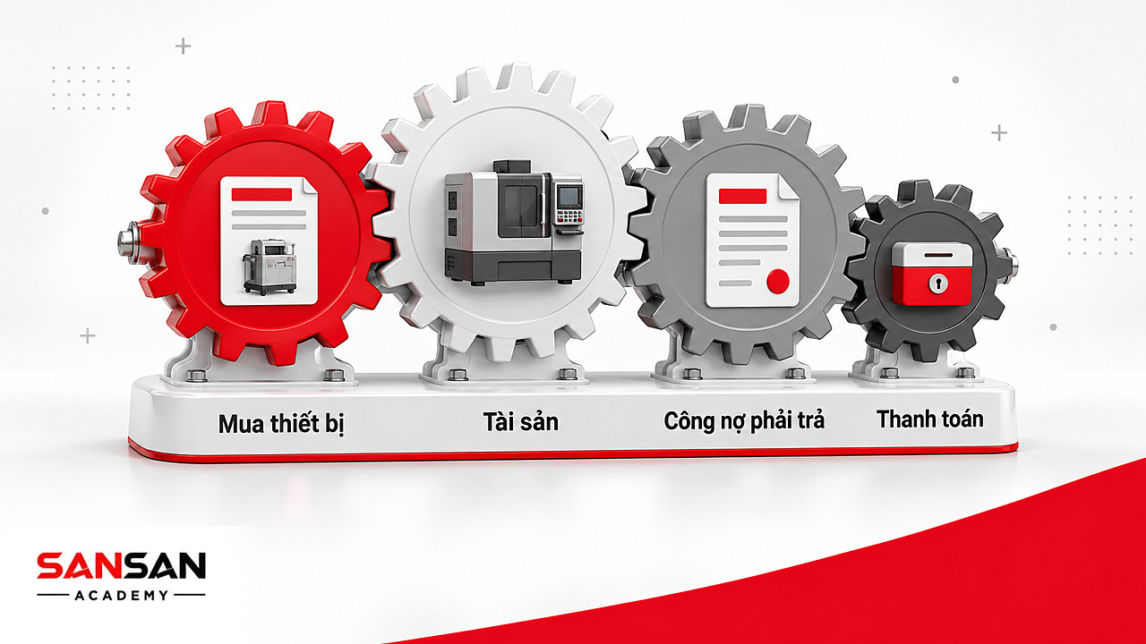 Bánh răng ăn khớp: kế toán ghi một khoản mua thiết bị kéo theo tài sản, công nợ phải trả và thanh toán