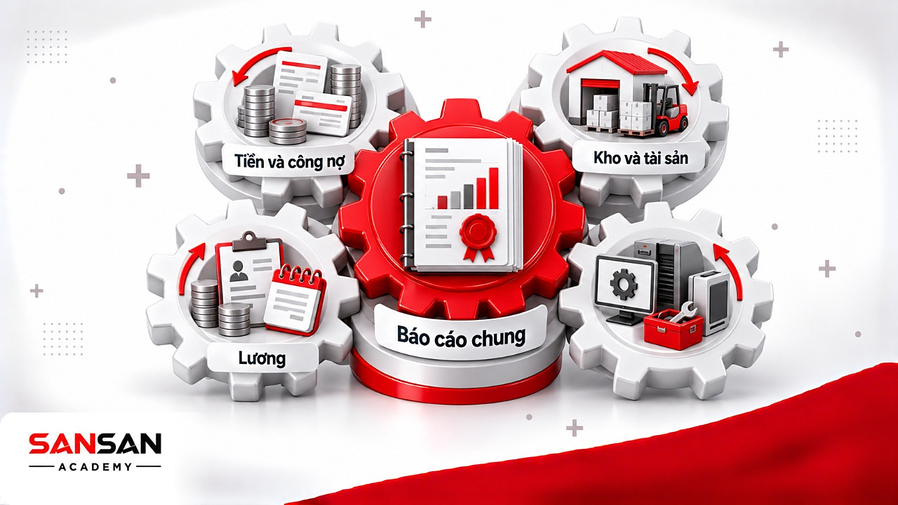 Bánh răng các phần hành kế toán tài chính ăn khớp, cùng quay bánh răng báo cáo chung ở giữa