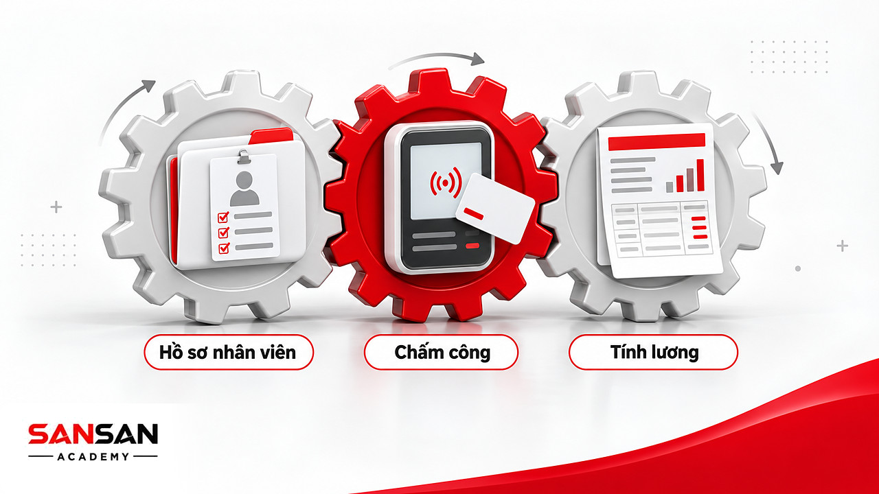Ba bánh răng hồ sơ, chấm công và tính lương ăn khớp như các phân hệ trong phần mềm nhân sự