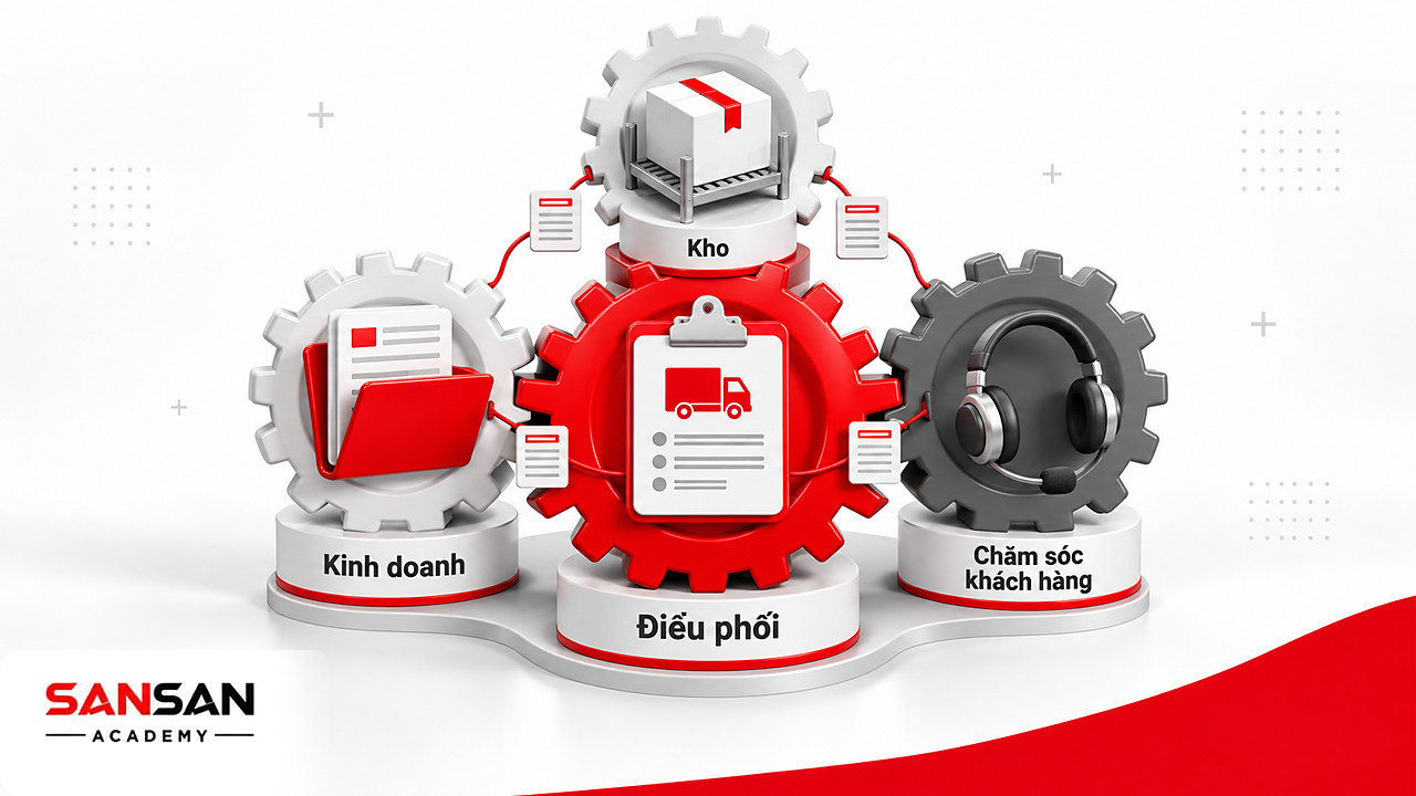 Bốn bánh răng kinh doanh, kho, điều phối và chăm sóc khách hàng ăn khớp trong tổ chức logistics