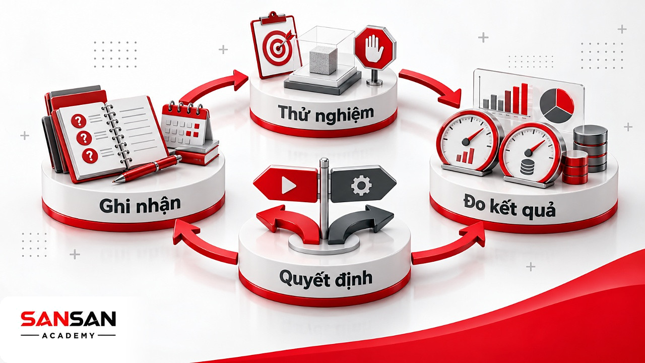 Chu trình thích ứng gồm thử nghiệm có điều kiện dừng, đo chất lượng và chi phí, quyết định rồi ghi nhận bài học.