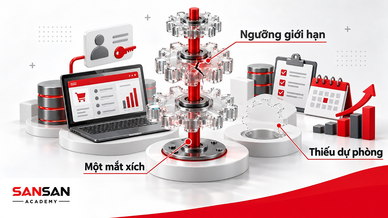 Tháp bánh răng kính đứng trên một chốt đỏ duy nhất, minh họa đặc điểm Brittle trong BANI khi thiếu dự phòng.