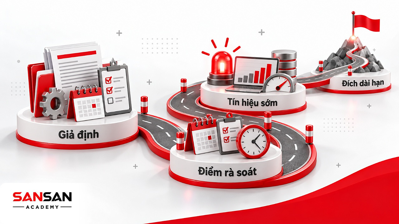 Con đường uốn lượn có cột mốc giả định, lịch rà soát và đèn tín hiệu sớm cho kế hoạch dài hạn.