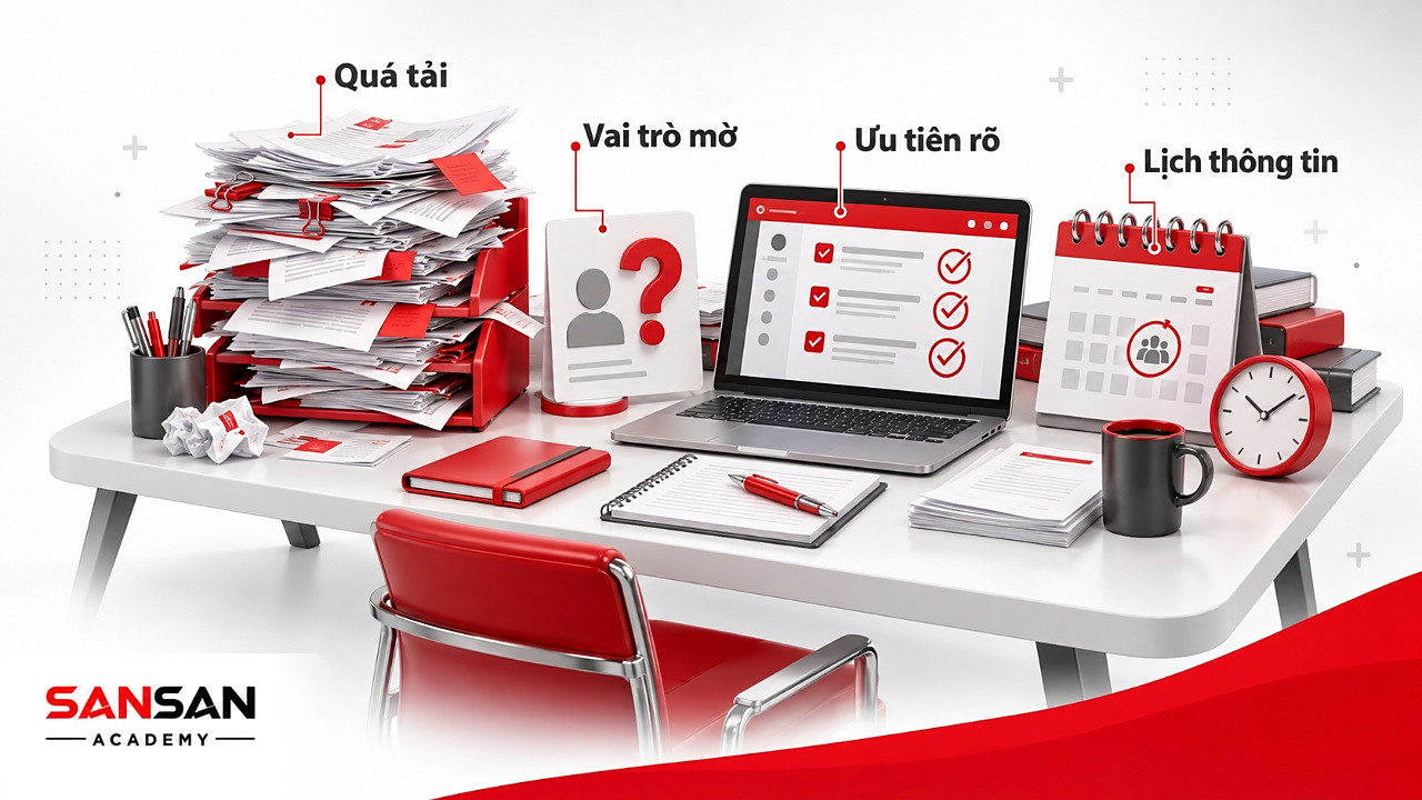 Bàn làm việc với khay việc quá tải, thẻ vai trò chưa rõ, danh sách ưu tiên và lịch thông tin trong bối cảnh BANI.