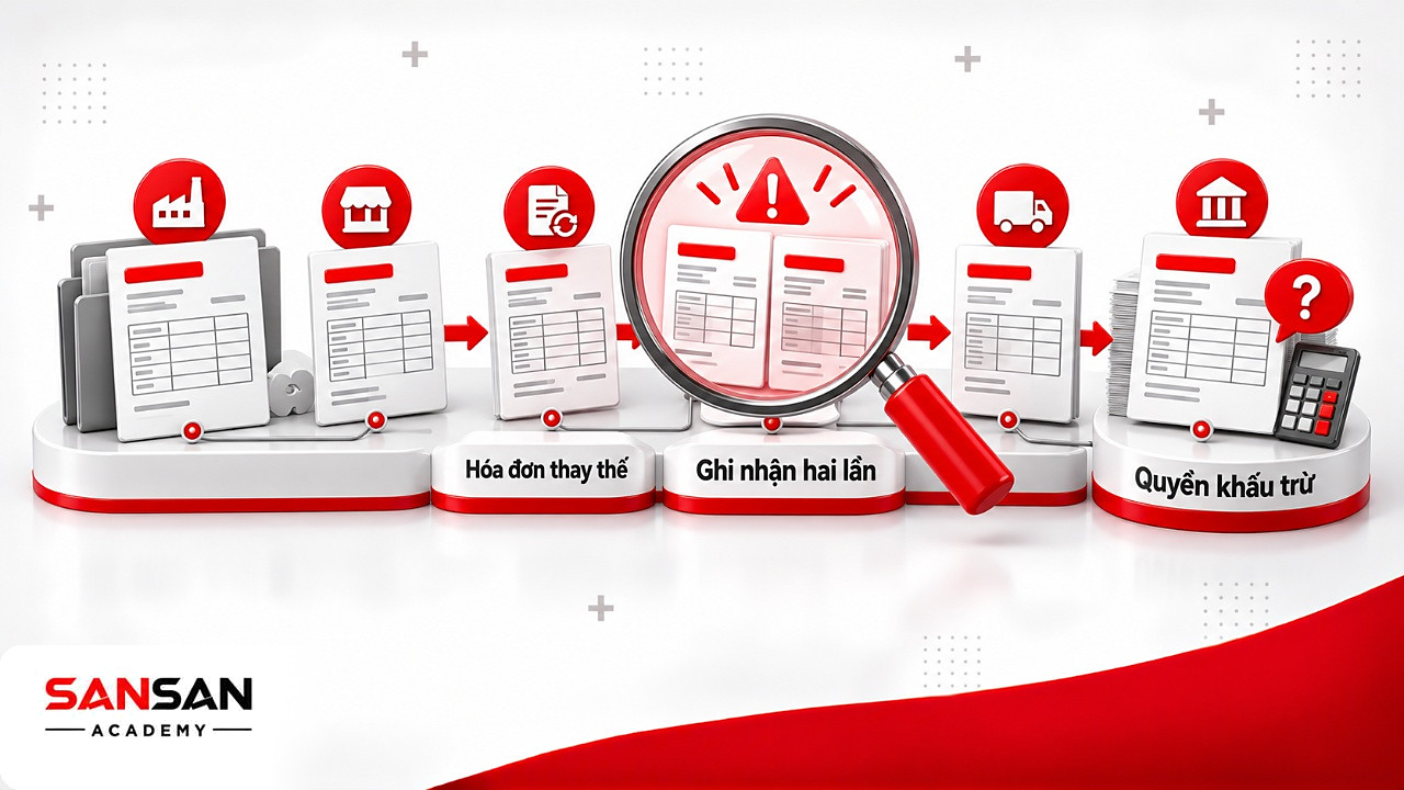 Kính lúp soi hóa đơn thay thế bị ghi trùng khi rà soát chứng từ trước khi lập báo cáo thuế