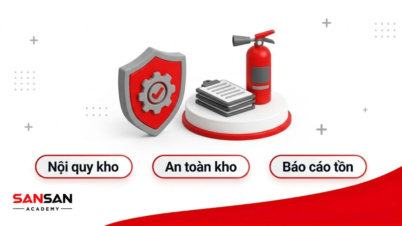 Khiên bảo vệ 3D matte và checklist thể hiện các quy định kho.