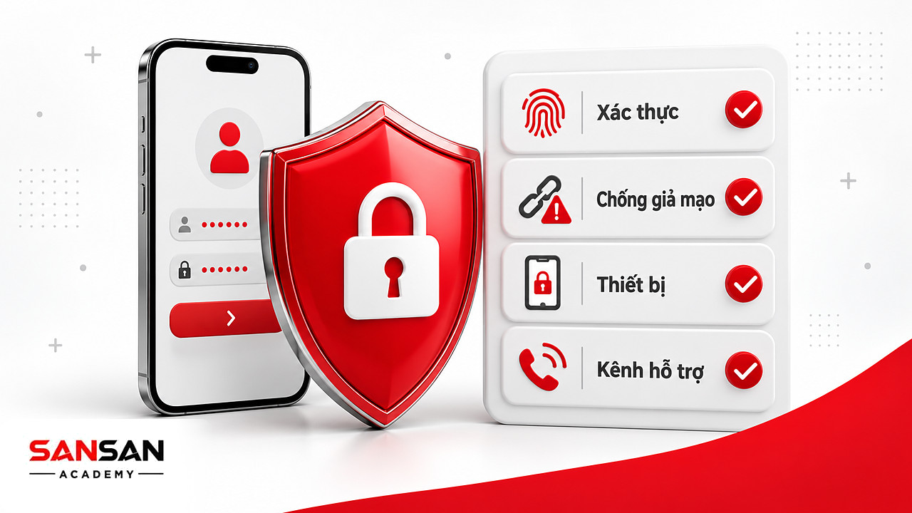 Khiên đỏ bảo vệ điện thoại đăng nhập ngân hàng số bên danh sách xác thực, chống giả mạo và kênh hỗ trợ