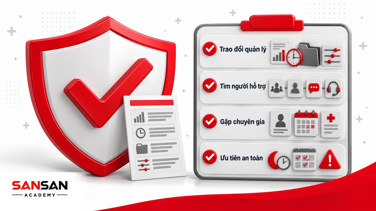 Khi stress công việc kéo dài, có thể trao đổi với quản lý, tìm hỗ trợ từ người đáng tin cậy và gặp chuyên gia khi ảnh hưởng rõ đến sinh hoạt.