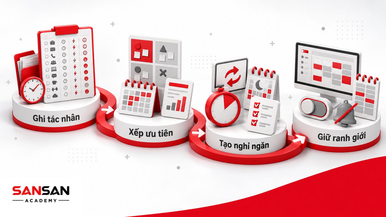 Cách giảm stress công việc bằng ghi lại tác nhân, sắp xếp ưu tiên, tạo khoảng phục hồi và thiết lập ranh giới ngoài giờ.