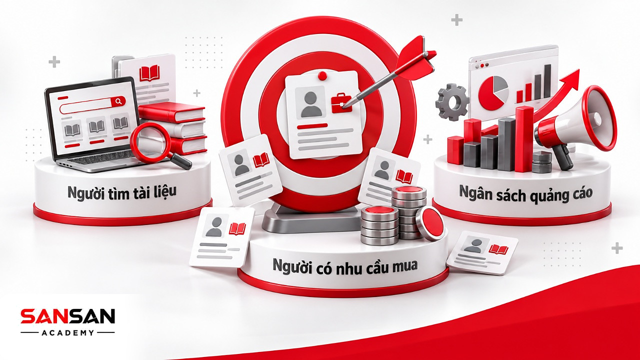 Bia mục tiêu với thẻ người có nhu cầu mua ở tâm và thẻ người tìm tài liệu ở vòng ngoài khi tối ưu CPL