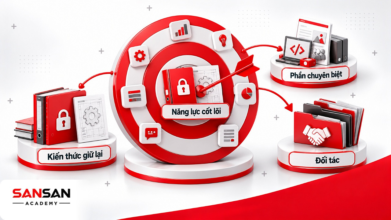 Bia mục tiêu đặt năng lực cốt lõi ở tâm do đội inhouse giữ, phần chuyên biệt ở vòng ngoài giao cho đối tác