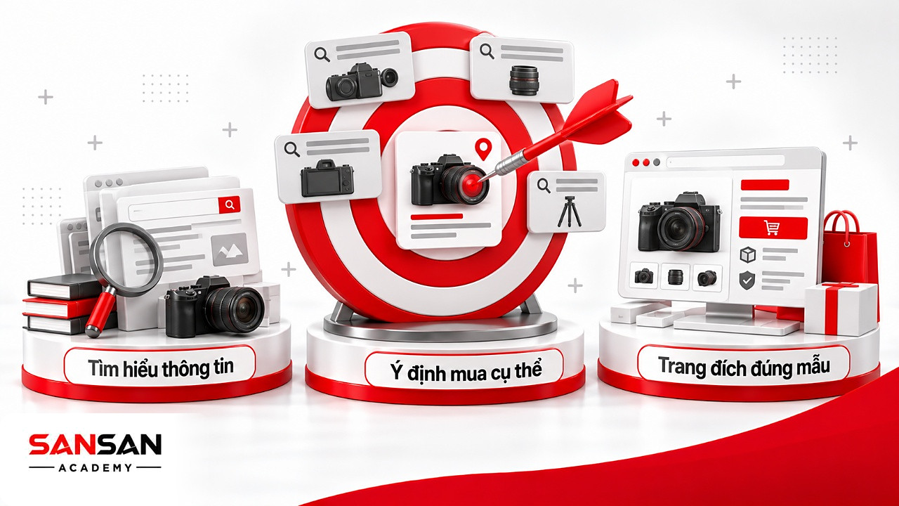 Bia mục tiêu SEM nhắm truy vấn có ý định mua cụ thể ở tâm, truy vấn tìm hiểu chung ở vòng ngoài