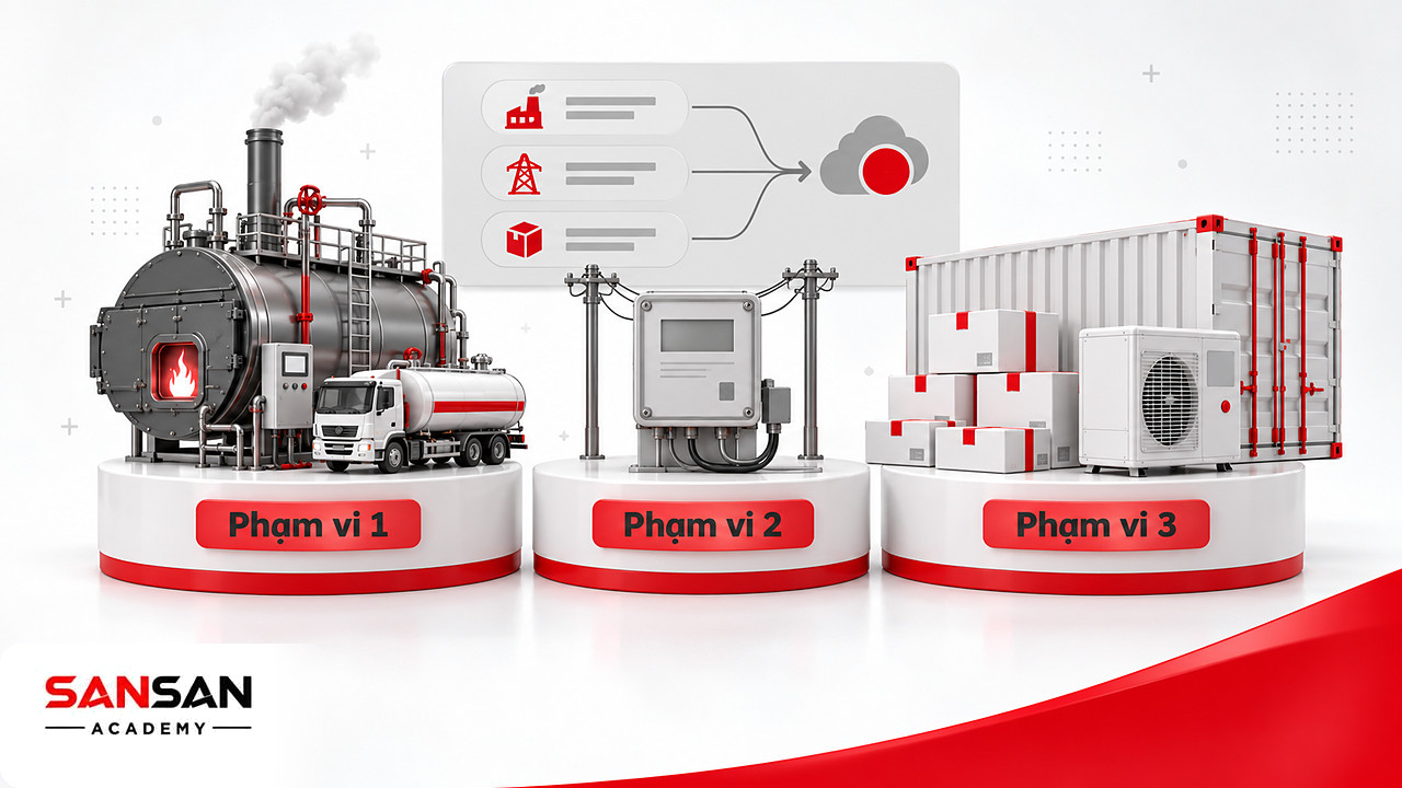 Ba bệ Phạm vi 1, 2, 3 đo phát thải trước biến đổi khí hậu khi một vấn đề môi trường trở thành rủi ro doanh nghiệp