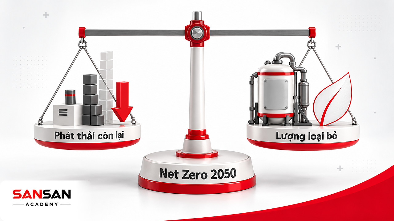 Cán cân Net Zero 2050 giữa phát thải và loại bỏ trước biến đổi khí hậu khi một vấn đề môi trường trở thành rủi ro dài hạn