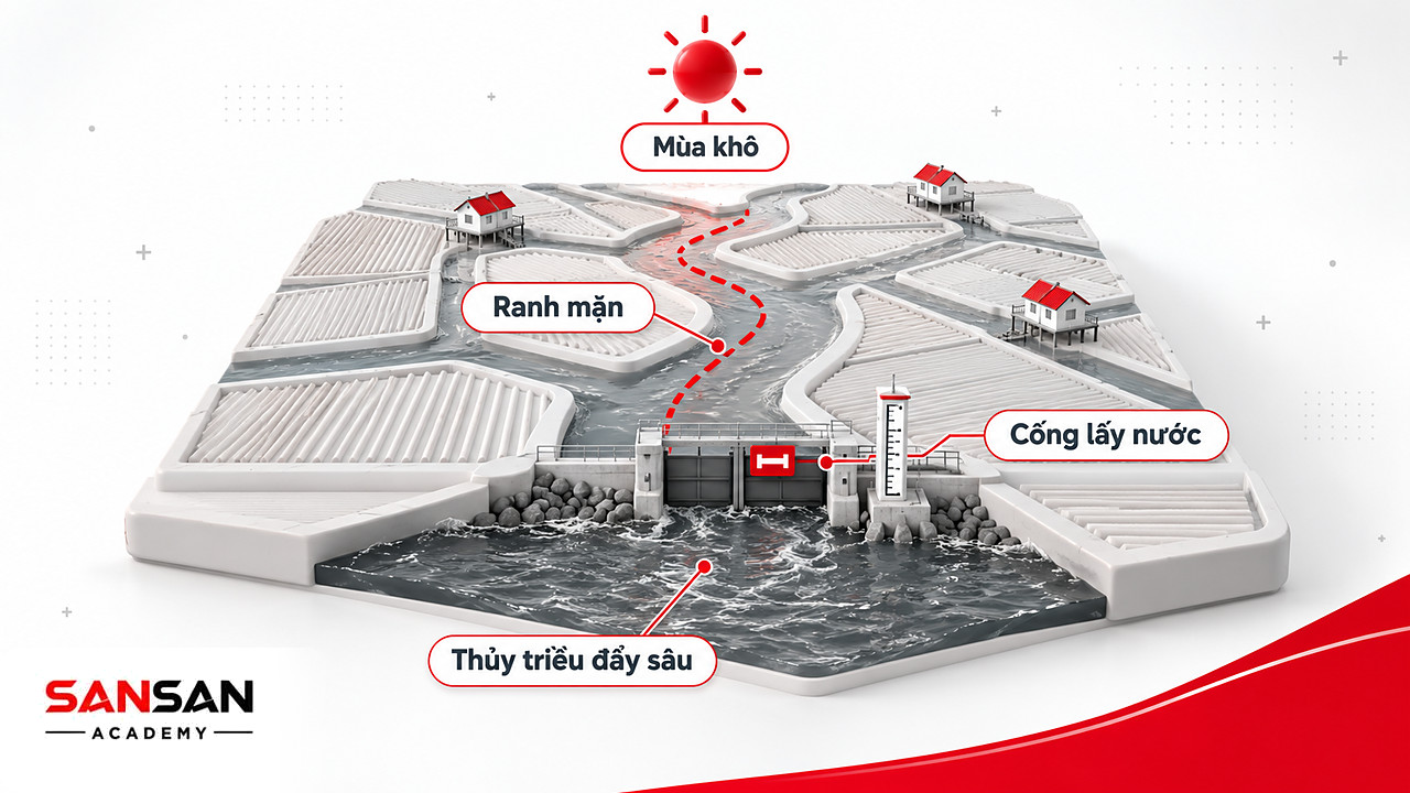 Mô hình nhánh sông có ranh mặn tiến sâu, nói về biến đổi khí hậu khi một vấn đề môi trường trở thành rủi ro ở miền Tây