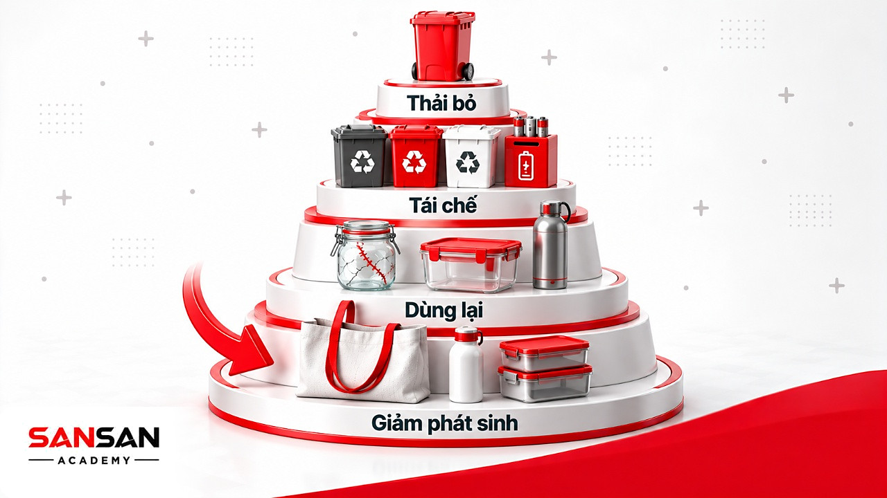Kim tự tháp ưu tiên xử lý rác trước biến đổi khí hậu khi một vấn đề môi trường trở thành rủi ro sinh hoạt