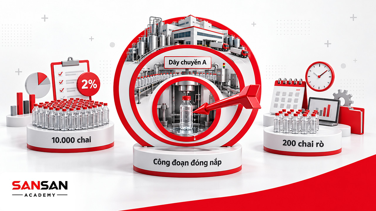 Bia mục tiêu thu hẹp phạm vi biểu đồ xương cá về công đoạn đóng nắp của dây chuyền A với 2% chai rò