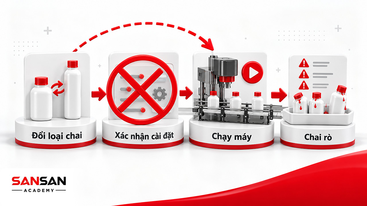 Nhánh phương pháp trong biểu đồ xương cá, bỏ bước xác nhận cài đặt sau khi đổi loại chai dẫn tới chai rò