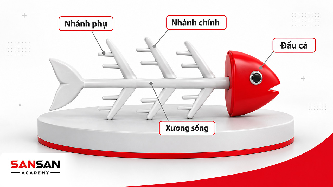 Cấu trúc biểu đồ xương cá gồm đầu cá chứa vấn đề, xương sống và các nhánh nguyên nhân chính, phụ