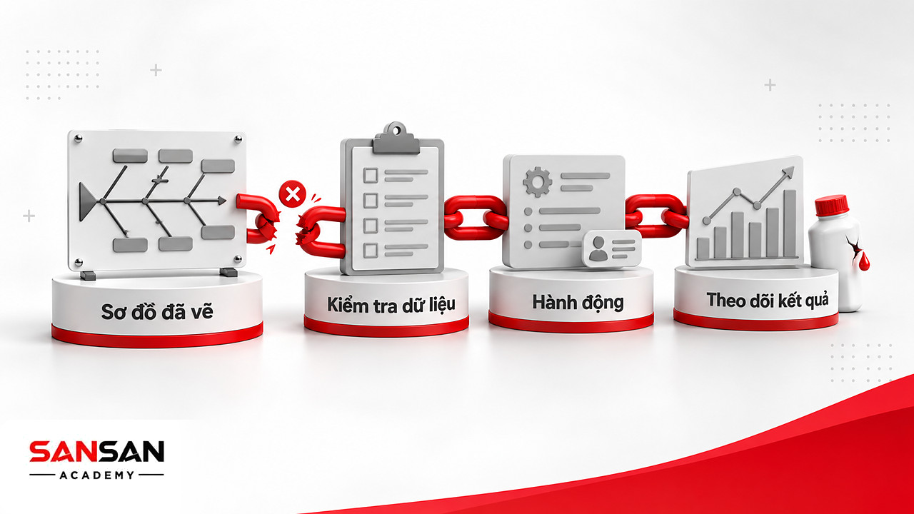 Chuỗi đứt gãy sau bước vẽ biểu đồ xương cá khi nhóm không kiểm tra dữ liệu, không hành động và theo dõi