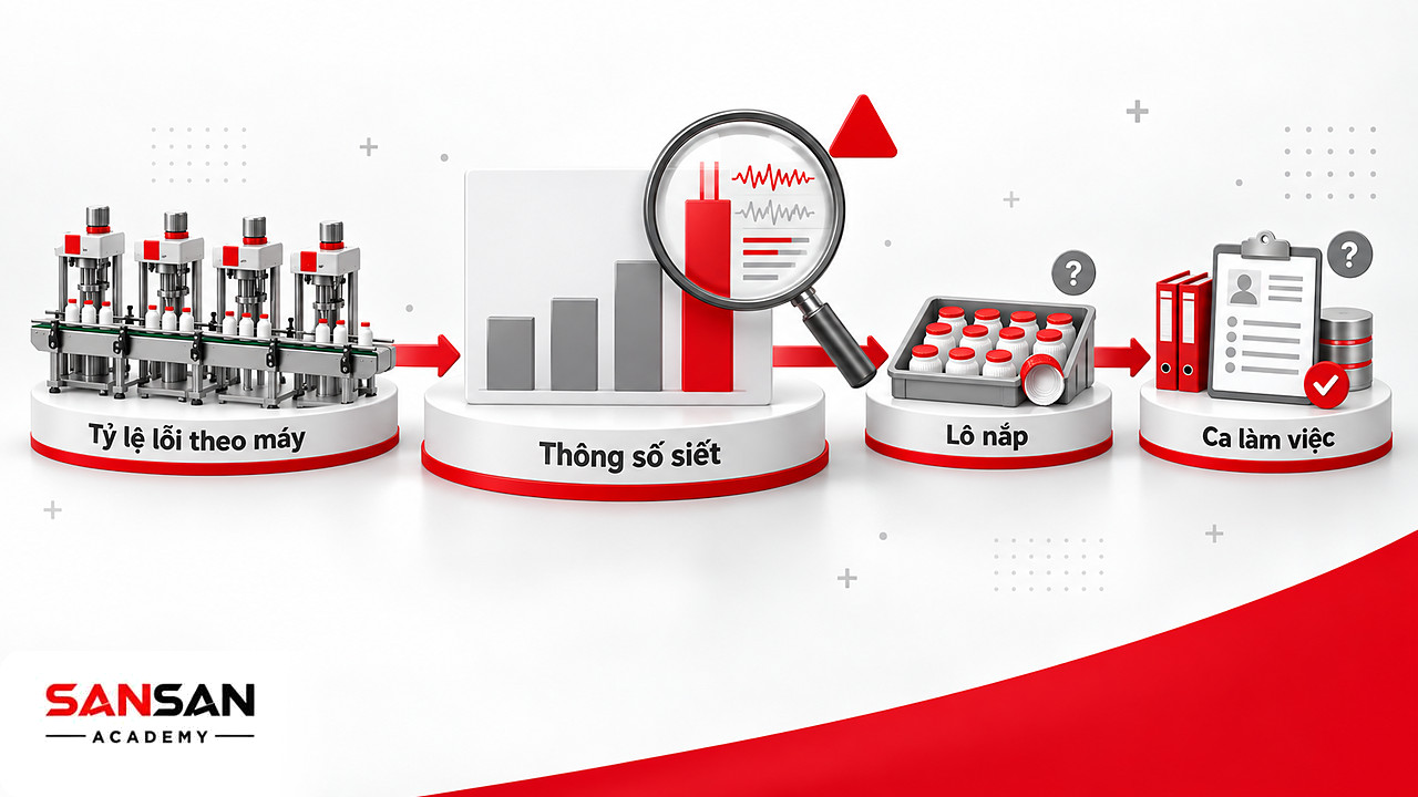 Kính lúp soi cột tỷ lệ lỗi cao nhất khi đối chiếu dữ liệu từng máy để kiểm chứng nhánh biểu đồ xương cá