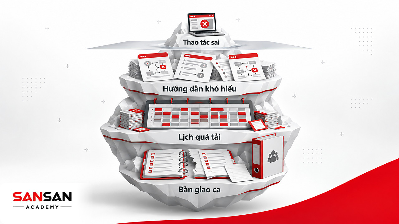 Tảng băng chìm nhánh con người trong biểu đồ xương cá, thao tác sai ở phần nổi, hướng dẫn và lịch làm việc bên dưới