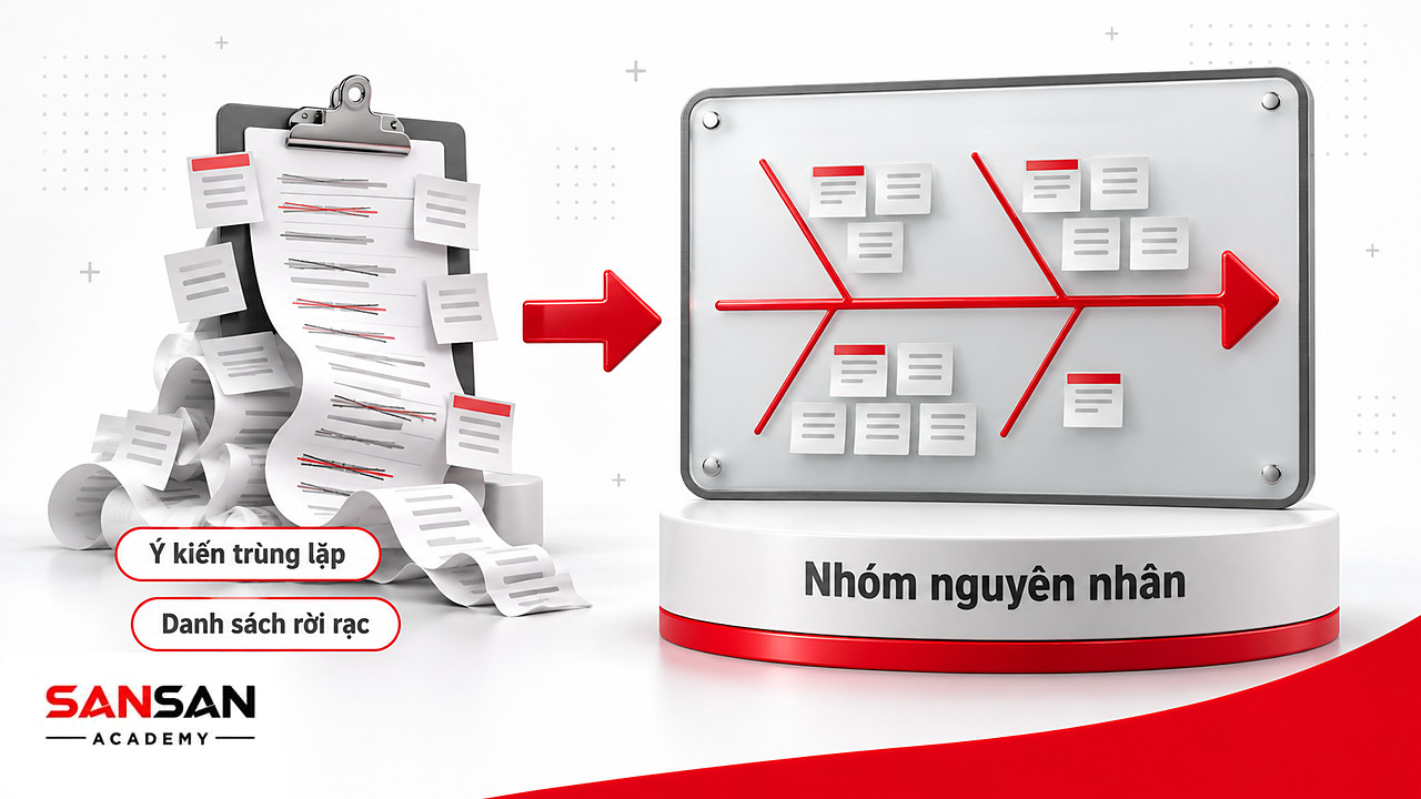 Trước và sau khi dùng biểu đồ xương cá, danh sách ý kiến rời rạc được xếp gọn vào từng nhóm nguyên nhân