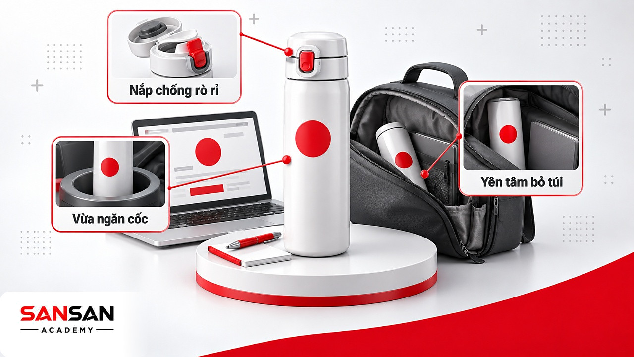 Bình giữ nhiệt có chú thích nắp chống rò rỉ và kích thước vừa ngăn cốc, minh họa thông điệp sản phẩm