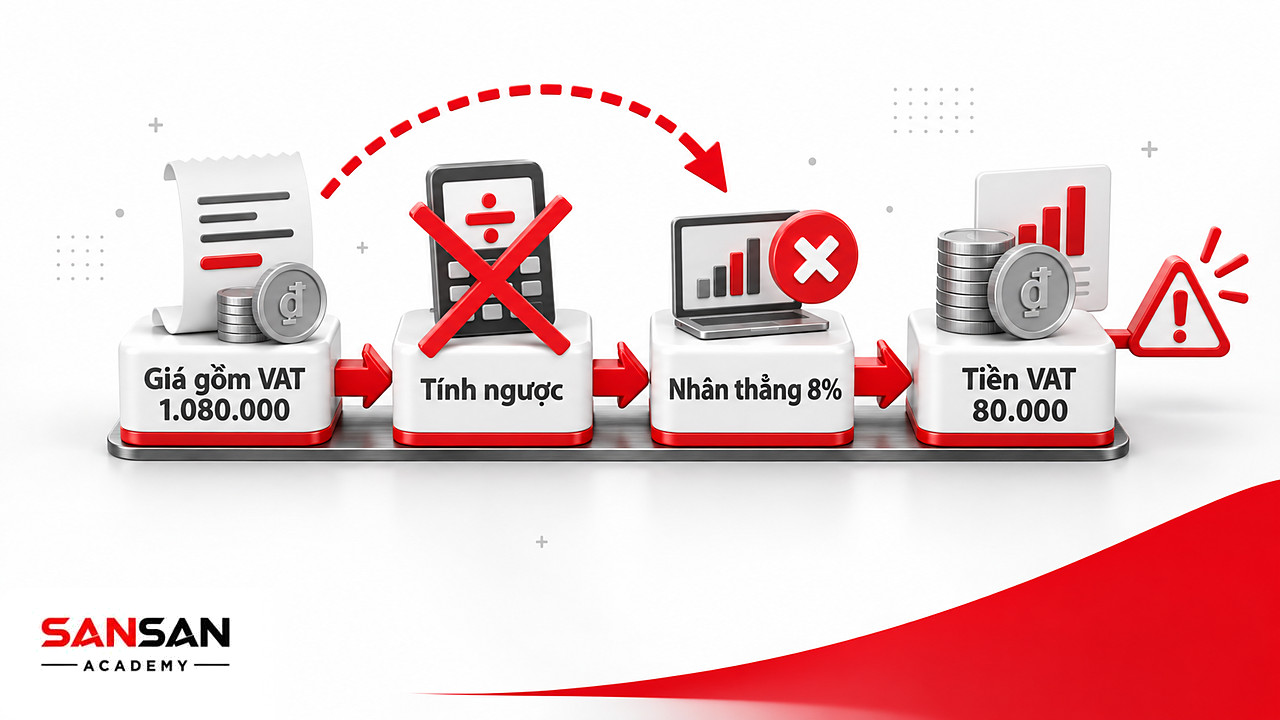 Chuỗi bước tách VAT từ giá bán bị bỏ bước chia cho một cộng thuế suất nên ra sai tiền thuế