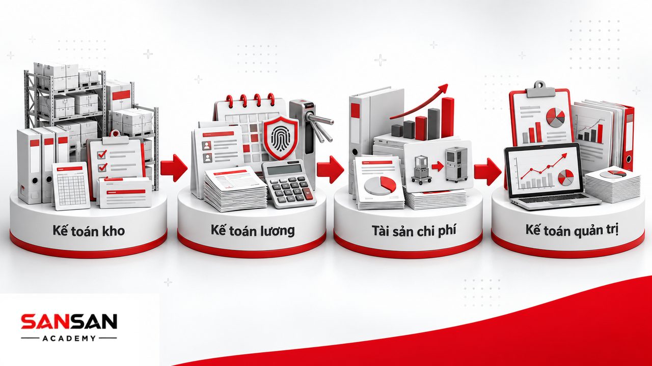 Các bộ phận phòng kế toán gồm kế toán kho, tiền lương, tài sản chi phí và kế toán quản trị.