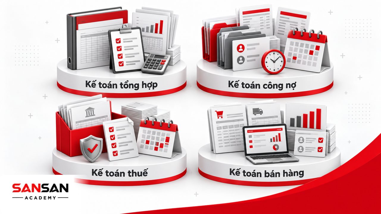 Các bộ phận phòng kế toán gồm kế toán tổng hợp, công nợ, thuế và bán hàng với các nhóm chứng từ và dữ liệu riêng.