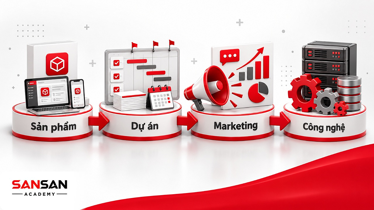 Bốn bệ trắng đặt hộp sản phẩm, bảng dự án, loa marketing và bánh răng công nghệ đại diện các loại roadmap