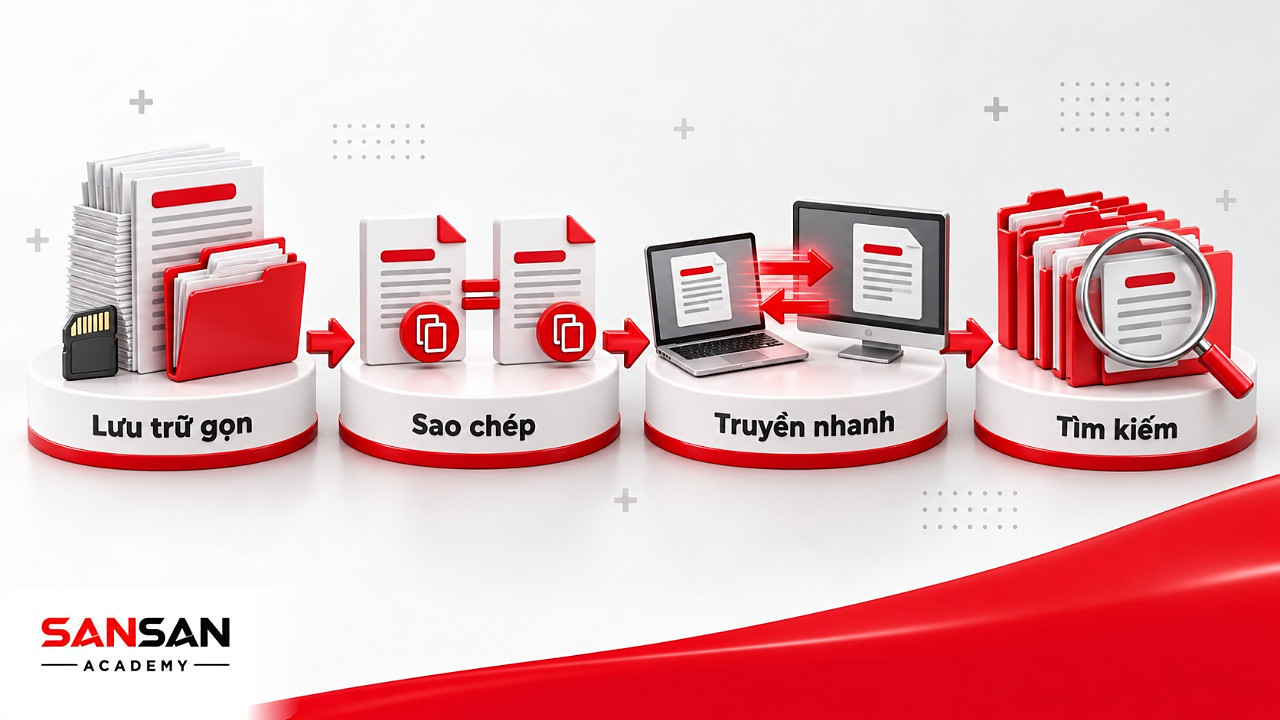 Bốn bệ thẻ nhớ, hai tệp giống hệt, mũi tên truyền dữ liệu và kính lúp, các đặc điểm nổi bật của kỹ thuật số