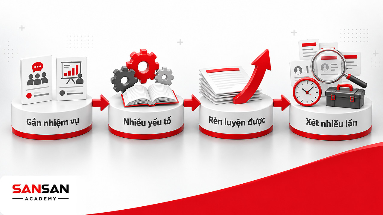 Bốn bệ thể hiện đặc điểm năng lực: gắn nhiệm vụ, nhiều yếu tố phối hợp, rèn luyện được và cần xét nhiều lần