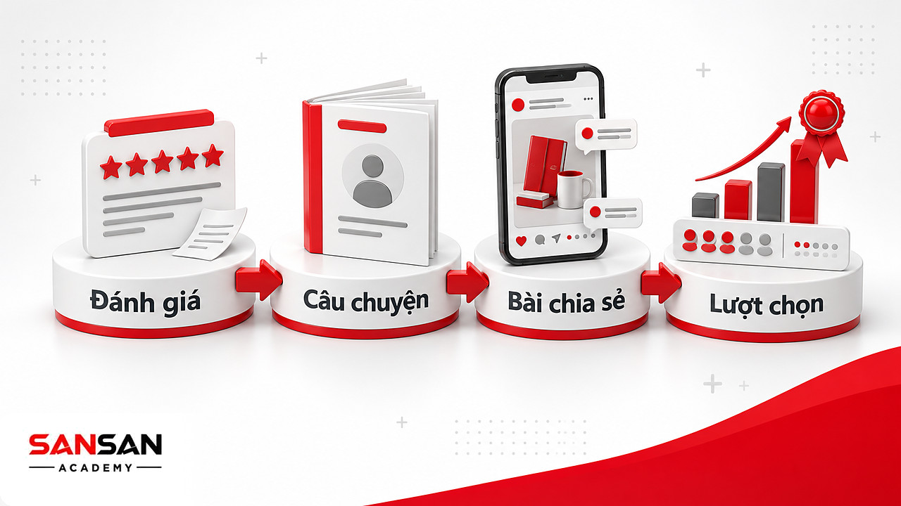 Bốn bệ đặt thẻ đánh giá, câu chuyện khách hàng, bài chia sẻ và biểu đồ lượt chọn, các hình thức social proof
