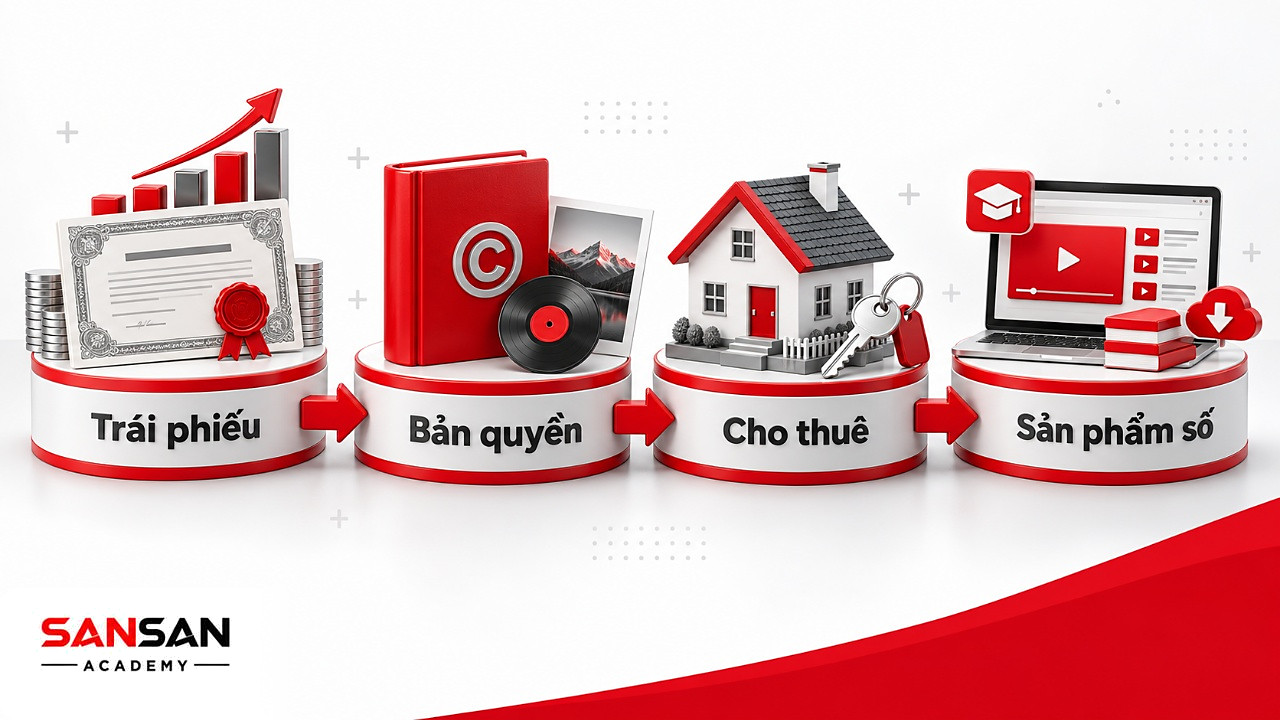 Bốn bệ trắng đặt trái phiếu, sách và đĩa nhạc, mô hình nhà cho thuê, laptop sản phẩm số của thu nhập thụ động