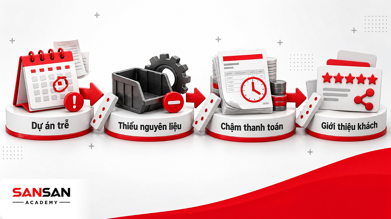 Bốn bệ có lịch quá hạn, thùng linh kiện trống, hóa đơn chậm trả và thẻ năm sao, các ví dụ hiệu ứng domino