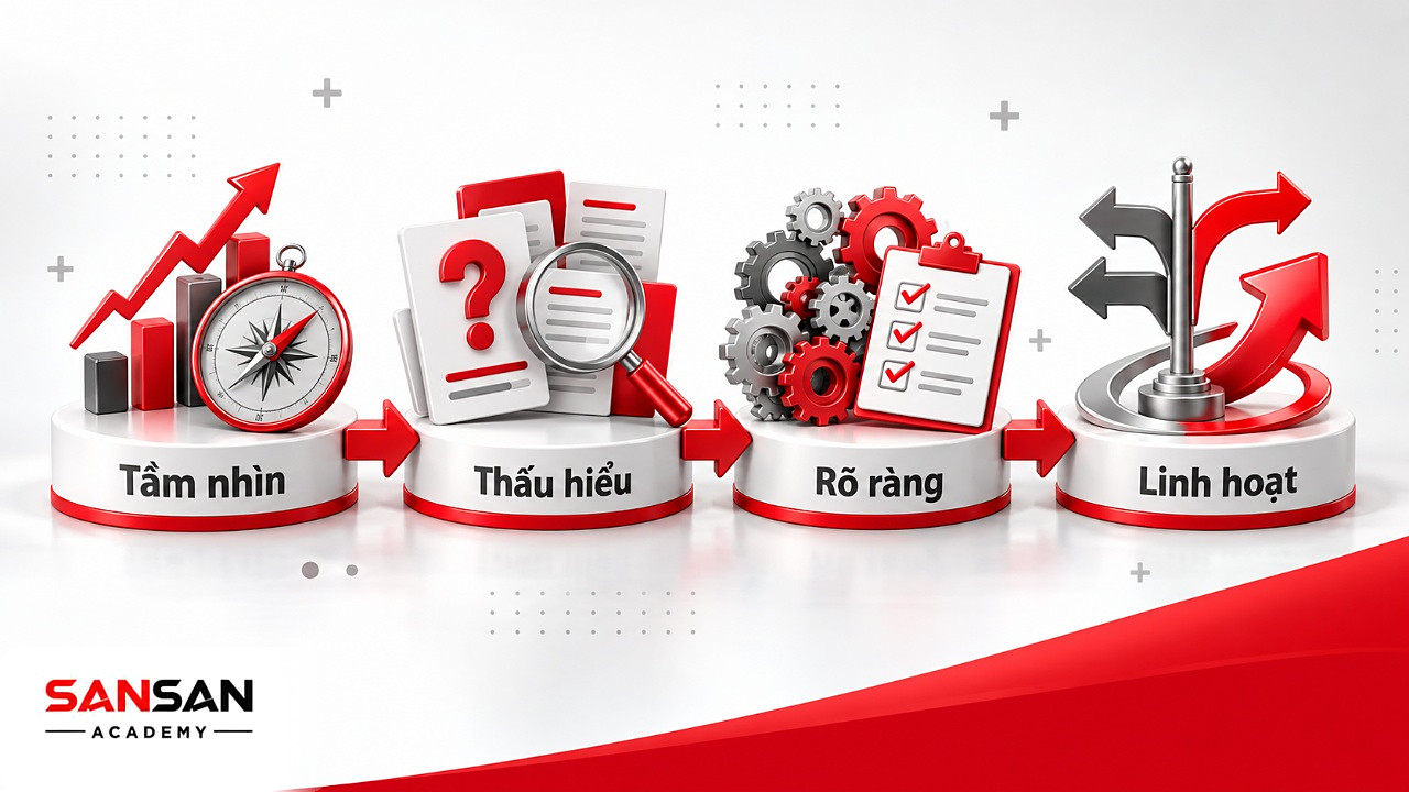 Bốn bệ VUCA Prime ghép biến động với tầm nhìn, bất định với thấu hiểu, phức tạp với rõ ràng, mơ hồ với linh hoạt
