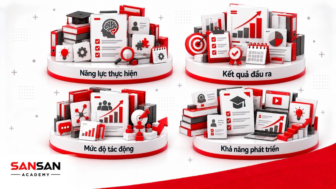 Bốn thành phần khung năng lực COID mở rộng gồm Capability, Output, Impact và Development trong đánh giá nhân sự.