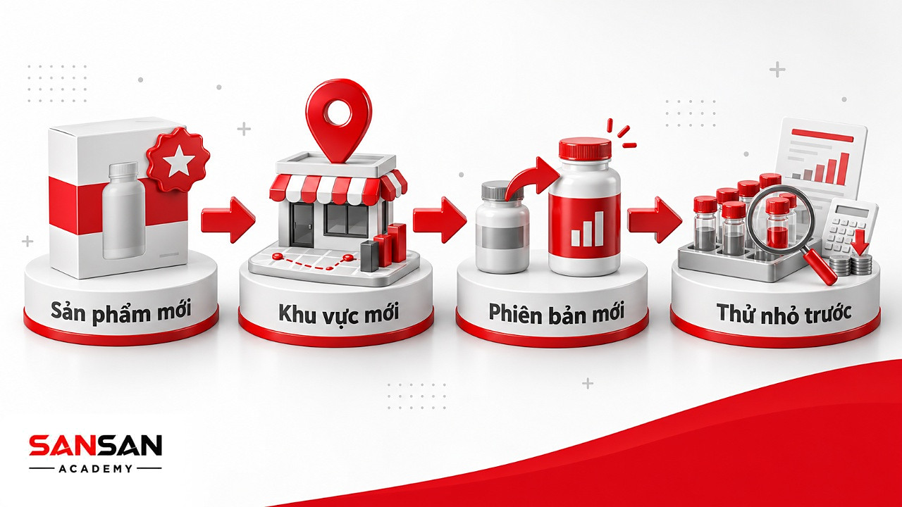 Bốn bệ đặt hộp sản phẩm mới, ghim khu vực bán, chai công thức mới và khay thử nhỏ, các trường hợp nên làm sampling