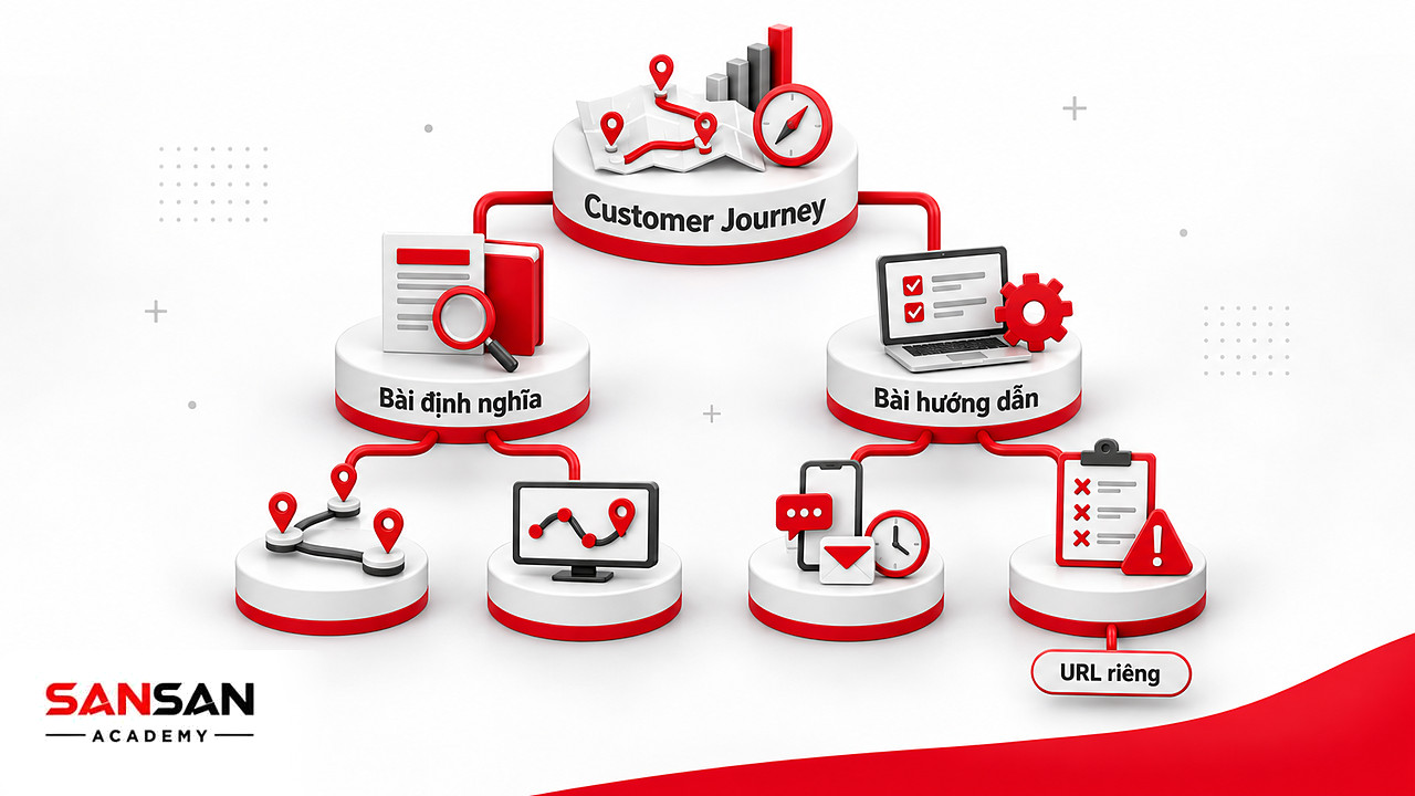 Cây phân nhánh Brainstorming chủ đề Customer Journey thành bài định nghĩa, bài hướng dẫn và các URL riêng